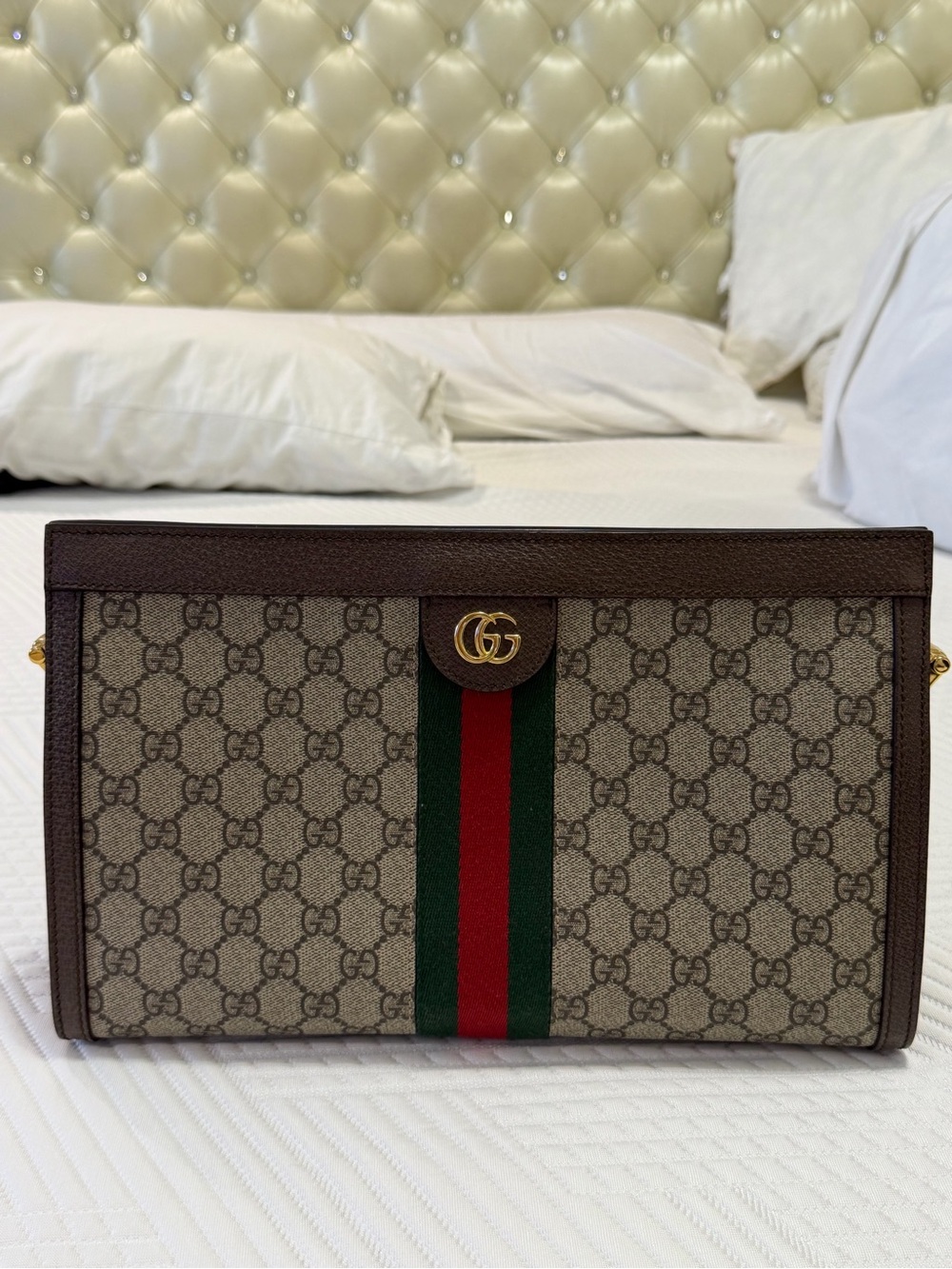 Gucci Brown GG Canvas Shoulder Bag with Green-Red Web Stripe